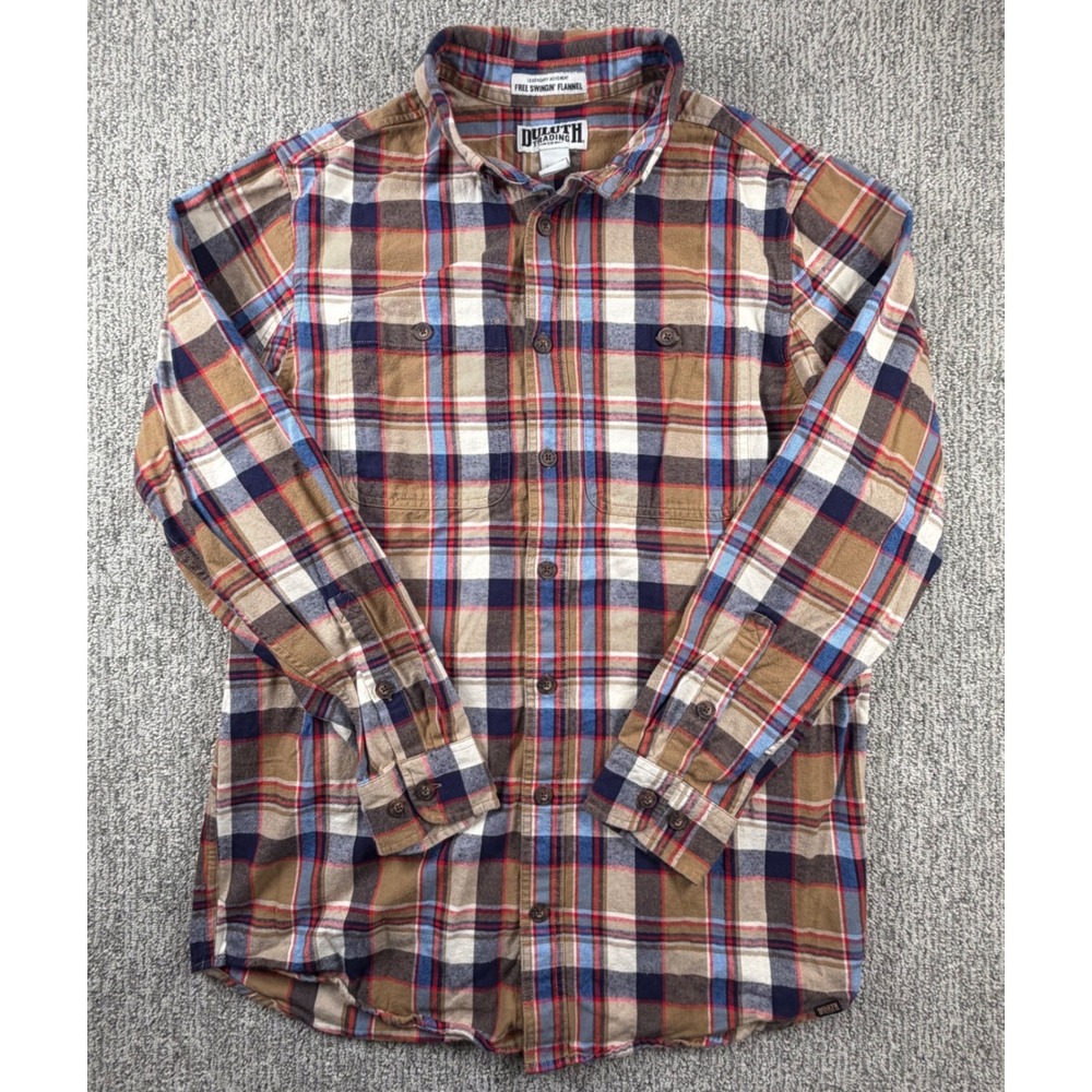 Duluth Trading Co Flannel Shirt Mens L Tall Brown Plaid Free Swingin 64507